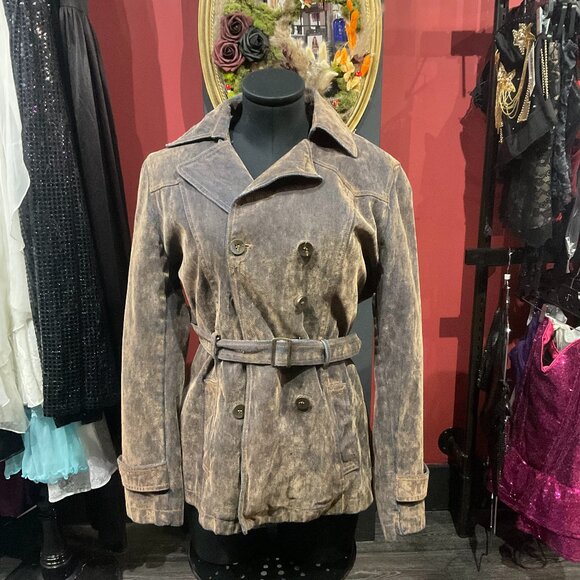 Giacca Button-Up Trench Coat Belted Waist Long Sleeve Notched Collar Sz M Brown